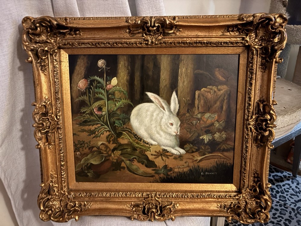 Oil Painting Vintage Signed By E.Bennett 28 In By 2 Feet French Style Bunny