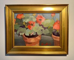 Vintage Oil on Canvas Board Painting ‚Geraniums Fraisinette‘ by NANCY NICKERSON