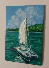 Framed White Sailboat Calm Sea Green Seascape 4×6” Impasto Oil Painting Original