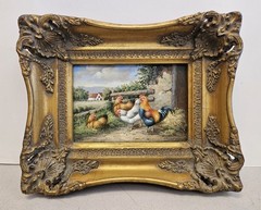 Beautiful CHICKENS ON FARM Farmhouse Miniature Oil Painting in Ornate Gold Frame