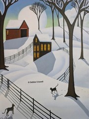 ORIGINAL PAINTING Folk Art Landscape Winter Snow Black Cat Tabby Friends Cabin
