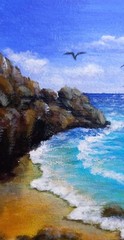 Original Acrylic Painting Seascape Seashore Surf Seagull Small Wall Art 5 x 7 in