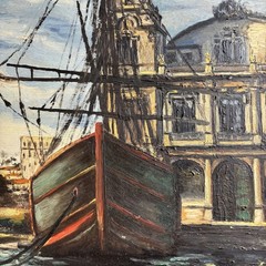 Handcrafted Harbor Scene Oil Painting „Docked Gondola“ Original Art
