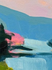 R Stevens 11×14 Original Acrylic Landscape Painting Lake Mountain Scene