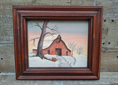 BARN PAINTING 8 X 10 -AMERICANA WINTER SCENE (WITH FRAME 14″ X 12″)
