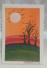 Minimalist Sunset Tree Silhouette ACEO OOAK Watercolor Mini Art Card