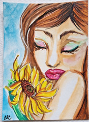 ACEO Original watercolor woman holding a sunflower miniature art card by CRC