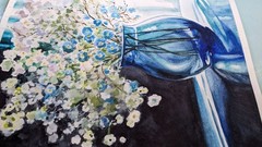 Floral Still Life Watercolor Painting Blue Forget-Me-Nots in Glass Vase Art A4