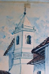 VINTAGE WATERCOLOR ON CARDBOARD 1968 SIGNED SARRIA VILLAGE CHURCH COLONIAL