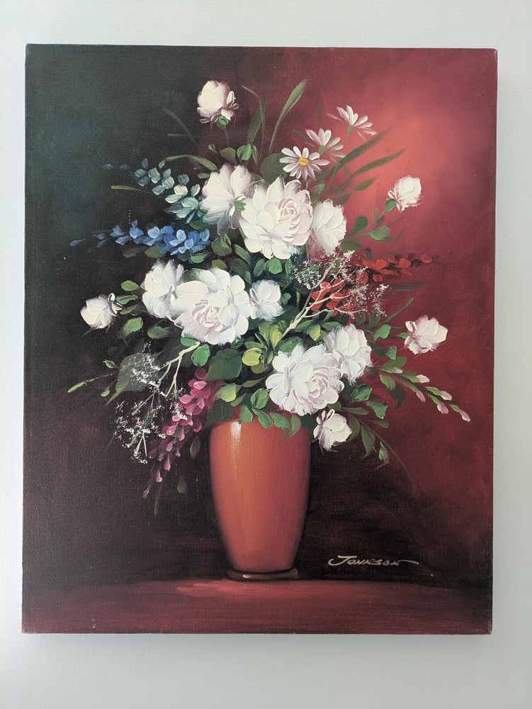 Original Painting, Florals in vase, White on Burgundy & Reds, 20 x 16 in canvas