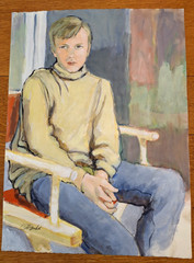 Original Watercolor Gouache Painting of Seated Boy Signed Unframed 26″x 19″ OOAK
