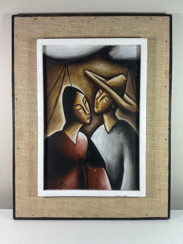 Beautiful Original Vintage Mexican Folk Art Painting Signed J Ortiz Oil On Board
