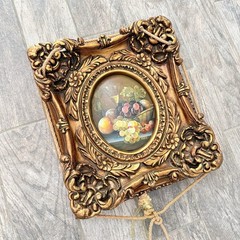 Vintage Fruit Oil Painting On Board in Ornate Gilt Gold & Brown Frame 18×16″