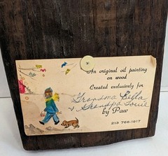 Vntg Signed Painting On Reclaimed Board Boy W Dog Attached Artist Card