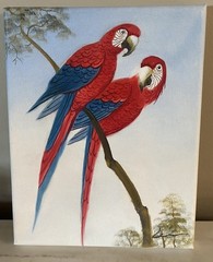 Pair Tropical Red Parrots Acrylic Painting Signed 8” X 10”