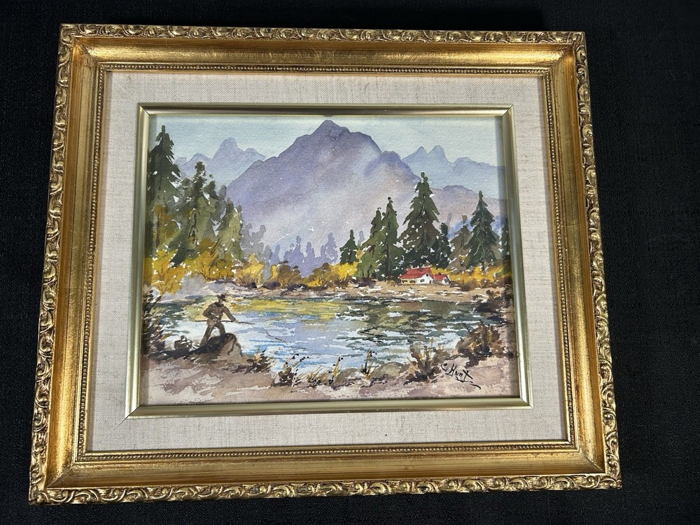 C. Hunt Original Watercolor Mountain Landscape Fisherman Framed 10”x8”