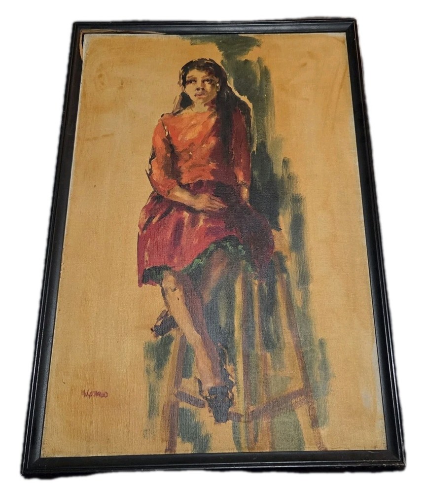 VTG Signed Original Painting MJ Gottfried? Long Hair Woman Red Dress Colorful
