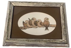 Vtg Framed Watercolor Print Carol Morrison Four Birds Beige Perched On A Branch