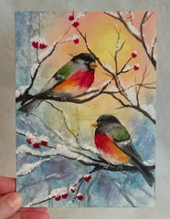 Original Oil Painting Winter Landscape Tits on a Tree Small Wall Art 5 x 7 in