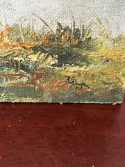Vintage Mini Oil Painting on Masonite Board Signed „Keuga(?)“ Girl in Field