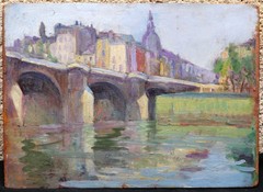 French Oil Painting Paris Landscape Edge Seine PONT NEUF Oil Panel Post