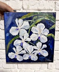 Orchids Tropical Flowers Blooming Oil Painting Floral Art Canvas Signed 12×12 in