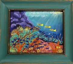Original Underwater Coral Reef Framed Painting/Tropical ocean Water Art/12 X 14