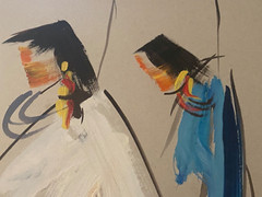 Signed Vintage Abstract Oil Painting Figurines Nirmala Gautama 35 1/2 x 21 5/8″