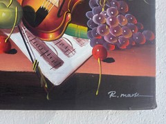 R Mark Fruit Wine Music Still Life Oil on Canvas Original Vintage Painting 1988
