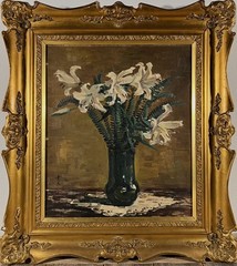 1933 Japanese Antique Lillies Floral Still Life Oil Painting Retro Art Decor