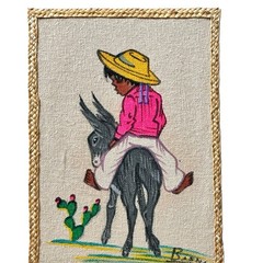 Vintage 2 Mexican Folk Art Burlap Signed Paintings Children Donkey Cactus 12×10