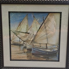 “Violet Boat” By Juame Laporte Sailboat, Seascape, Realism, Blue, Tan, cream