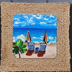 Beach Chairs Umbrellas Painting Coastal Ocean Original Wall Art Seaside Summer
