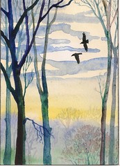 ACEO PRINT OF PAINTING CROW RAVEN RYTA REALISM LANDSCAPE ART TREES Halloween 🎃