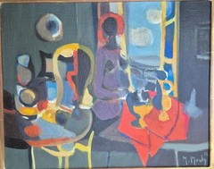 Original Acrylic on Canvas, Marcel Mouly, Intérieur gris nappe rouge 1972