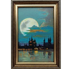 Full Moon Original Oil Painting 4×6 Framed Signed Gothic Castle Night River Art