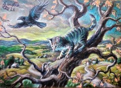 Jacob Landis HANDMADE ORIGINAL Whimsy ACEO Tabby Kitten Sleeps „above The Fire“