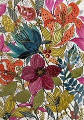 7X10” Original Watercolor Pamela Wilhelm Whimsical Fantasy Floral Teal Gold Pink