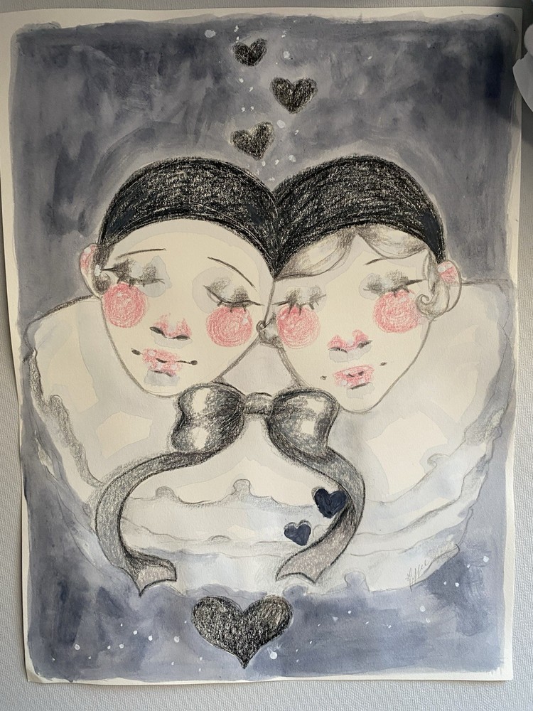 Perriot And Pierotte Clown Couple Fantasy Painting On 9×12 Watercolor Paper