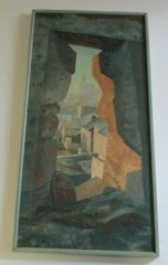 MODERNIST COMPOSITION 40 INCHES OIL ON CANVAS CITY VIEW THROUGH HOLE WINDOW MOD