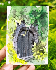 ACEO Original Watercolor Painting OOAK Secret Garden Wooden Door Fantasy Art