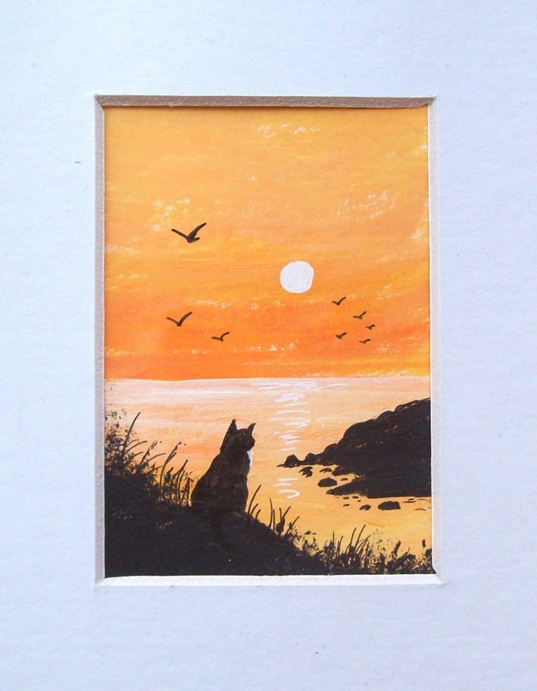 ACEO ORIGINAL HAND PAINTED SIGNED # THE BLACK CAT# LANDSCAPE PAINTING