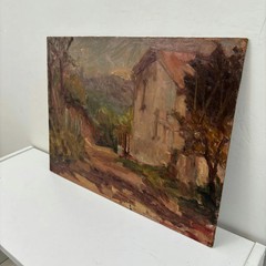 Classic Landscape Oil Painting „Stone House“ Detailed Small Art