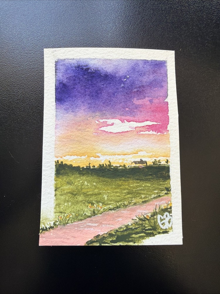 ACEO Country Sunset Colorful Landscape With Extended Path & Barn In Background