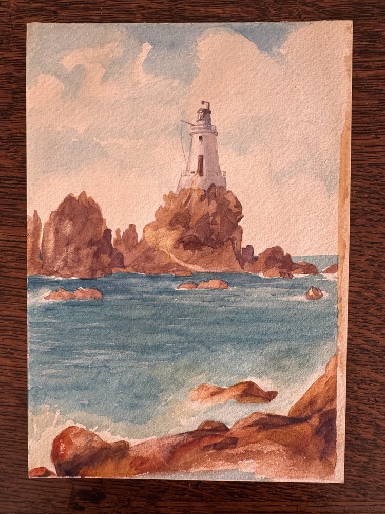 Antique 19th Century Watercolor Painting Lighthouse II Scotland Edith Bell 7×10