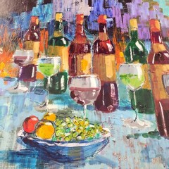 Kerry Hallam Original Signed Acrylic Painting on Canvas Titled „Savoir Des Vins“