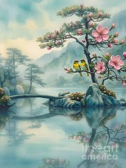 new handmade Painting on 12″*16″ canvas Lake Tree and Birds by Wendy