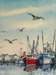 Original Signed Three Daggers Framed Watercolor Painting Point Pleasant NJ