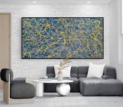 XXL Jackson Pollock Style Blue & Yellow Abstract Art Textured Painting 59×30 in