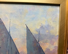 Vintage original Evgeny Expressionism nautical sail boat oil painting on canvas